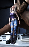 gentle blonde long_hair clothed high_heels jeans mini_giantess boots sitting fishnets standing looking_up size_comparison ripped_clothing digital_render fater leather_clothing