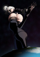 drawing giantess panties earth giga blonde space color butt destruction clothed stockings moon trample looking_down thighs grasping jacket looking_back leotard stars blindfold cosmic_giantess high_heel_boots ravenravenraven nier_automata 2b
