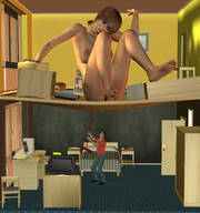 breasts growth nipples nude blonde barefoot mini_giantess sitting timewyrm apartment broom digital_render outgrowing_room