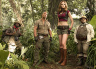 collage long_hair clothed brunette boots shorts jungle standing size_comparison top looking_at_viewer karen_gillan pith_helmet bare_midriff sevastopol1 dewayne_johnson jack_black kevin_hart
