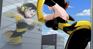 breasts drawing giantess city mega color large_breasts butt blue_eyes clothed cleavage buildings brunette gloves bending_over reflection costume window_washer janet_van_dyne onlooker marvel_comics ravenravenraven the_wasp avengers_earths_mightiest_heroes