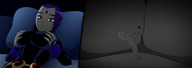 breasts drawing color large_breasts cleavage bed purple_hair sweat raven teen_titans lying_down shrunken_people pulling costume belt dc_comics anon up_close ravenravenraven between_breasts