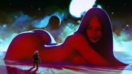 breasts drawing gentle giantess nude mega space black_hair color long_hair butt water ocean wet moon looking_down painting astronaut stars in_water spacesuit red_skin looking_at_tiny raised_butt bare_midriff billy_nunez lost_in_space