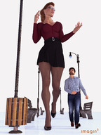 gentle long_hair clothed cleavage skirt high_heels glasses stockings red_hair ponytail walking shrunken_man manicure shirt bench sidewalk digital_render imagin8