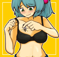 drawing blushing color bra green_eyes smiling green_hair shrunken_man between_fingers kidekoshin 木出広親