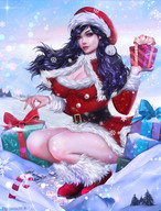 drawing mega black_hair color long_hair clothed handheld cleavage christmas boots squatting village snow santa_costume looking_at_viewer gifts tigrsasha candy_cane