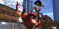 breasts giantess city mega destruction boots fighting giantesses mask dark_skin punch spandex imminent_crush digital_render