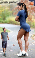 collage black_hair long_hair clothed domination ponytail muscles shrunken_man dialogue squeezemeflat mini_skirt running_gear