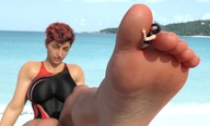 black_hair long_hair beach barefoot domination sitting shrunken_woman between_toes swimwear boomgts digital_render