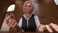 gentle blonde clothed handheld domination shrunken_man suit desk necklace bracelet boomgts digital_render up_close
