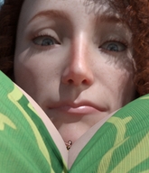 bikini breasts long_hair cleavage brunette domination red_hair shrunken_woman looking_down close_up boomgts digital_render between_breasts