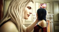 gentle blonde black_hair long_hair mini_giantess lesbians women digital_render fater