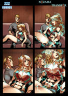 drawing growth blonde comic color large_breasts long_hair cleavage muscles amazon ripped_clothing lightning sofa daisy_dukes zzzcomics crop_top