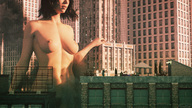 breasts nipples giantess nude city black_hair destruction pubic_hair buildings navel walking standing sorenzer0 digital_render onlooker