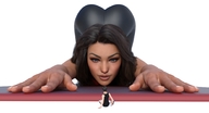 gentle long_hair butt blue_eyes clothed brunette shrunken_man looking_down pants top boomgts digital_render up_close yoga_mat