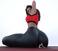 long_hair butt blue_eyes clothed butt_crush brunette sitting shrunken_man looking_down pants top boomgts digital_render