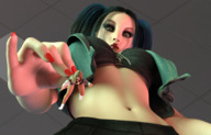 blonde long_hair clothed handheld cleavage domination shrunken_woman looking_down between_fingers dyed_hair gothic boomgts digital_render afraid