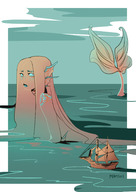 drawing giantess color long_hair ocean mermaid boats outdoors ships drei_sj