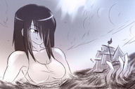 drawing giantess crush mega monochrome handheld ocean hand_crush ships vehicle_crush sports_bra thunderafterdark