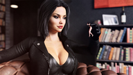 comic handheld cleavage brunette smiling sitting shrunken_woman leather looking_at_victim digital_render lfcfan adeline