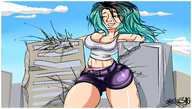 drawing giantess color destruction green_hair shorts voluptuous top sector316 between_breasts