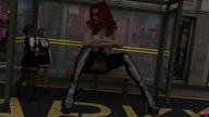 gentle pussy upskirt long_hair clothed cleavage skirt red_hair sitting legs amazon uniform fishnets standing shaven bus_stop digital_render high_heel_boots vexelle