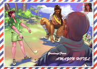 drawing gentle panties upskirt color large_breasts long_hair clothed cleavage skirt brunette mini_giantess squatting golf giantessfan amazon_hotel postcard