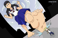 drawing giantess color long_hair barefoot skirt soles scared foot_crush uniform chibichan shrunken_man dark_skin chase darkainarts