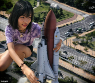 giantess collage black_hair handheld asian squatting shorts highway shirt space_shuttle kyojingirls