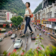 gentle giantess collage black_hair clothed jeans asian street sandals walking vehicles top motion kyojingirls