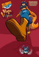 breasts drawing giantess micro furry tail anthro vixen color long_hair blue_hair fox low_angle police ponytail boots unaware pants earrings top belt dialogue van no_background thief sly_cooper orange_skin carmelita_fox cutaway bare_midriff police_officer cola gigacoot colacoot sly_cooper_(series)