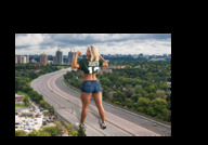 giantess collage city blonde long_hair butt clothed buildings muscles legs shorts highway standing looking_back jersey bare_midriff