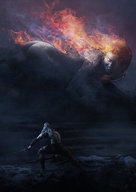 drawing white_hair color long_hair sword topless smiling crawling fire weapon fighting painting video_game the_witcher geralt phoenix_witch guillem_pongiluppi