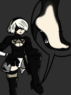 drawing white_hair crush panties feet cleavage skirt high_heels shrunken_man trapped blindfold nier_automata 2b 9s nikkonoir