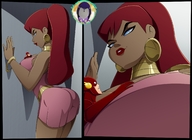 breasts drawing giantess mega color large_breasts long_hair butt blue_eyes clothed breast_crush giganta red_hair ponytail dress shrunken_man costume earrings belt justice_league flash dc_comics the_flash ravenravenraven