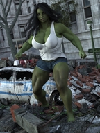breasts city black_hair long_hair destruction barefoot rampage cleavage buildings muscles amazon shorts top she_hulk green_skin digital_render marvel_comics tinythea