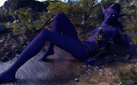 gentle nude purple_eyes elf red_hair woods lake nature night_elf looking_at_viewer glowing_eyes digital_render madamemaeve