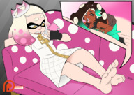 drawing micro color barefoot lying_down shrunken_woman sofa spokle splatoon inkling octoling marina_(splatoon) pearl_(splatoon)