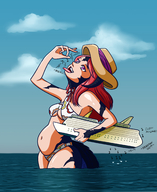 bikini drawing giantess vore tail color ocean red_hair hat ships sea_monster kimeria87