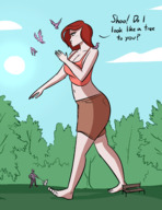 breasts drawing giantess mega dog color long_hair barefoot cleavage park red_hair shorts freckles dialogue annoyed sports_bra mary_jane bare_legs spider-man marvel_comics bare_midriff caiman2 earth_20052
