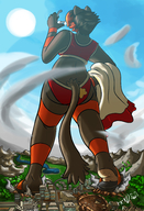 bikini drawing giantess pokemon furry tail anthro city color destruction sandals foot_crush sunglasses thighs multicolored_hair bare_legs gift_art bobbyrogers bare_midriff litten hcxd simonthesorcerer fia
