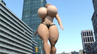 giantess city blonde long_hair cleavage buildings huge_breasts short_shorts walking digital_render endlessrain0110