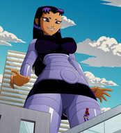 breasts drawing giantess panties city mega upskirt alien black_hair color large_breasts long_hair skirt purple_eyes teen_titans red_hair starfire looking_down outdoors belt dc_comics orange_skin ravenravenraven blackfire