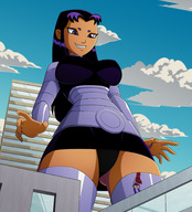 breasts drawing giantess panties city mega upskirt alien black_hair color large_breasts long_hair skirt purple_eyes teen_titans red_hair starfire looking_down outdoors belt dc_comics orange_skin ravenravenraven blackfire