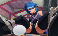 drawing growth giantess panties color blue_eyes clothed cleavage blue_hair stockings boots sitting kingdom_hearts alice_in_wonderland liquid vial outgrowing_room bodice ravenravenraven aqua_(kingdom_hearts)