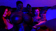 black_hair long_hair handheld cleavage huge_breasts smiling lying_down bbw shrunken_man looking_down dark_skin indoors digital_render brother_virgil