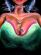 drawing giantess black_hair color monster shrunken_woman dark_skin rpm1000 zombie electricity stitches between_breasts