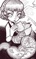 vore monochrome short_hair shrunken_men soft_vore internal_view hamburger foodplay persona_5 makoto_niijima messy_stomach spittyart