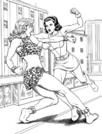breasts drawing giantess city mega blonde monochrome black_hair long_hair barefoot skirt buildings giganta street boots fighting giantesses women doom_patrol belt hairband leopard_skin leopard_print dc_comics bare_legs elasti-girl bare_midriff rita_farr