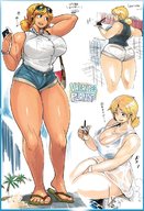 drawing gentle giantess blonde color large_breasts long_hair cleavage sitting sandals standing purse cellphone top mini_skirt daisy_dukes bakugeki_no_g